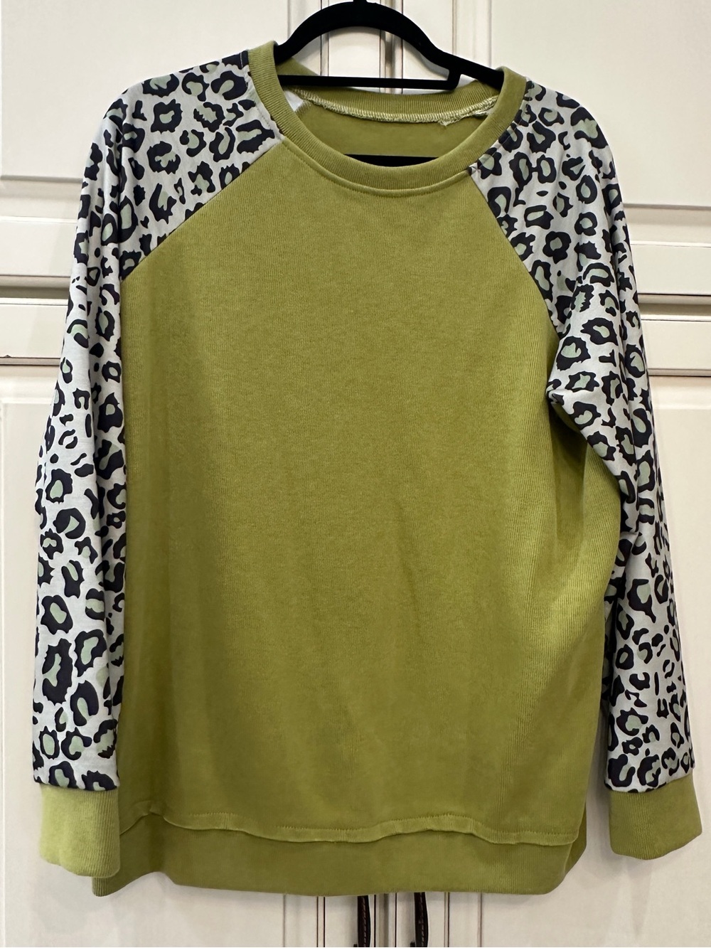 Women's Olive Green Raglan Top with Leopard Sleeves - Size Large